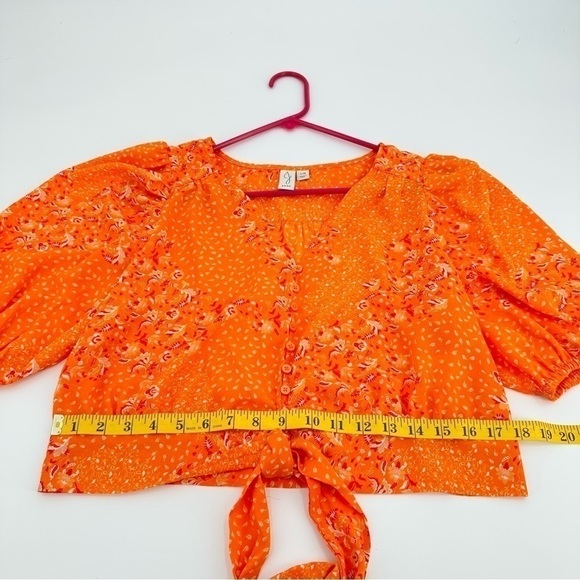 JOIE Women’s V-Neck Orange/Pink Floral Balloon Sleeve Crop Top w/Tie Size Large - Picture 13 of 14